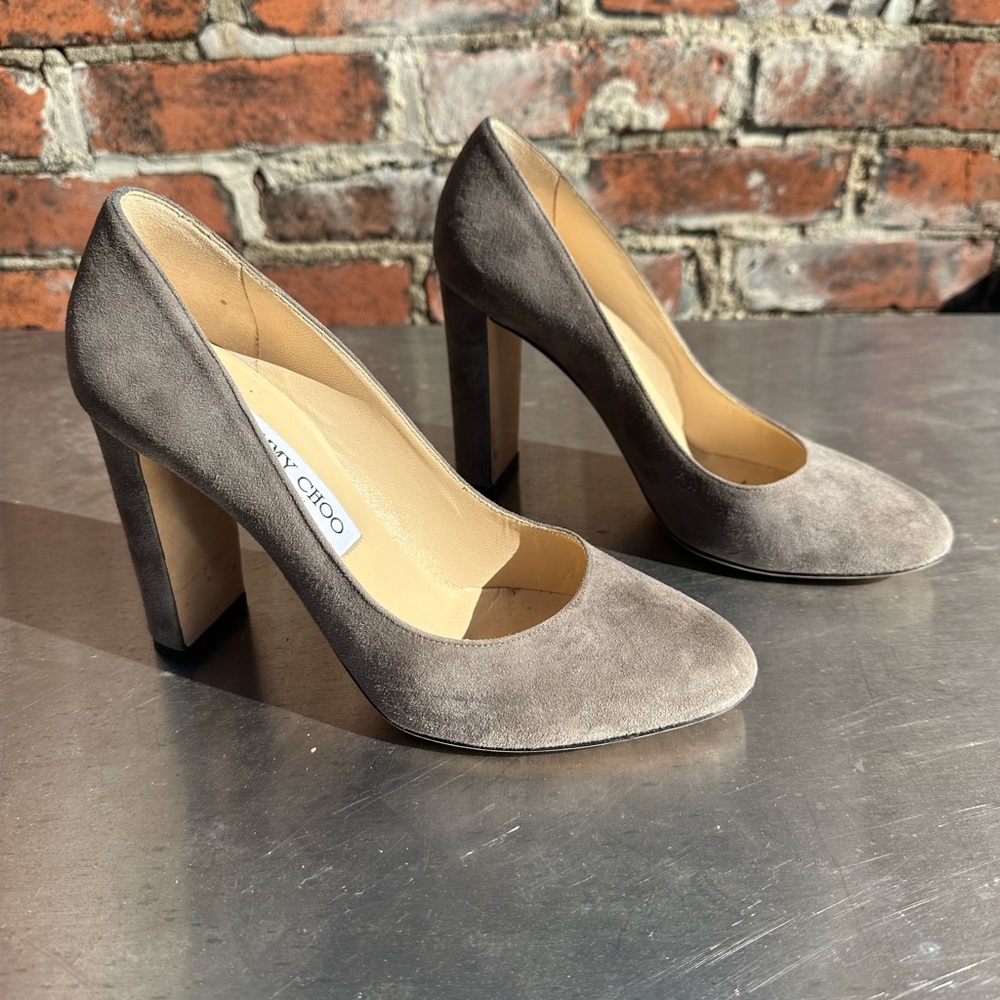 Jimmy Choo Suede Round Toe, Stacked Heel Pump - Size 38